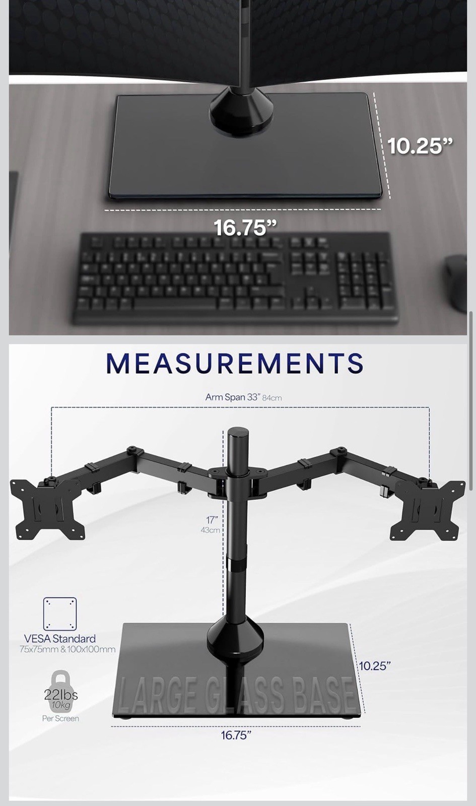 VIVO Dual Monitor Mount w/ Glass Base Stand for 2 Computer Screens up to 30"