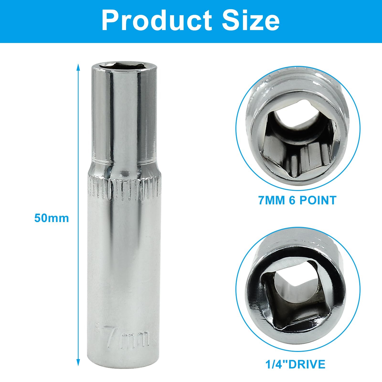 1/4-Inch Drive × 7mm Deep Shallow Socket, 6 Point, Cr-V