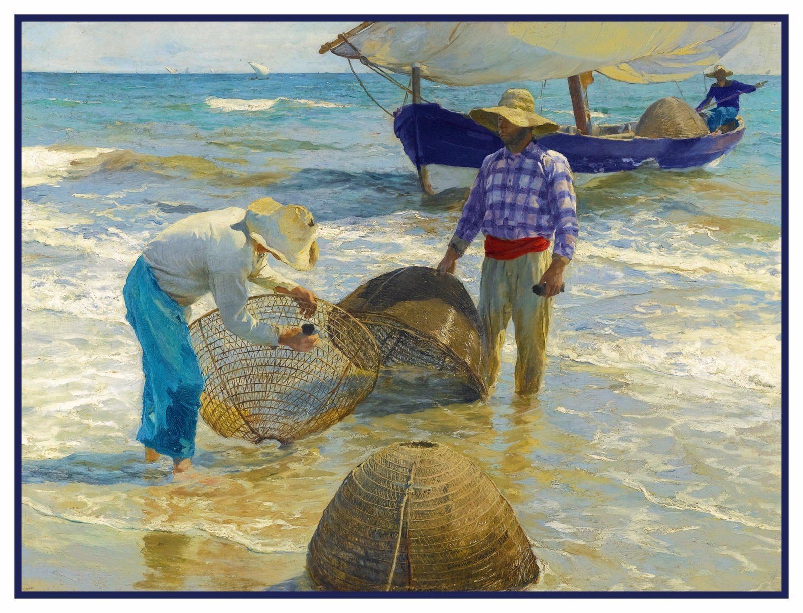 Fishermen Nets on Beach by Artist Joaquin Sorolla Counted Cross Stitch Pattern