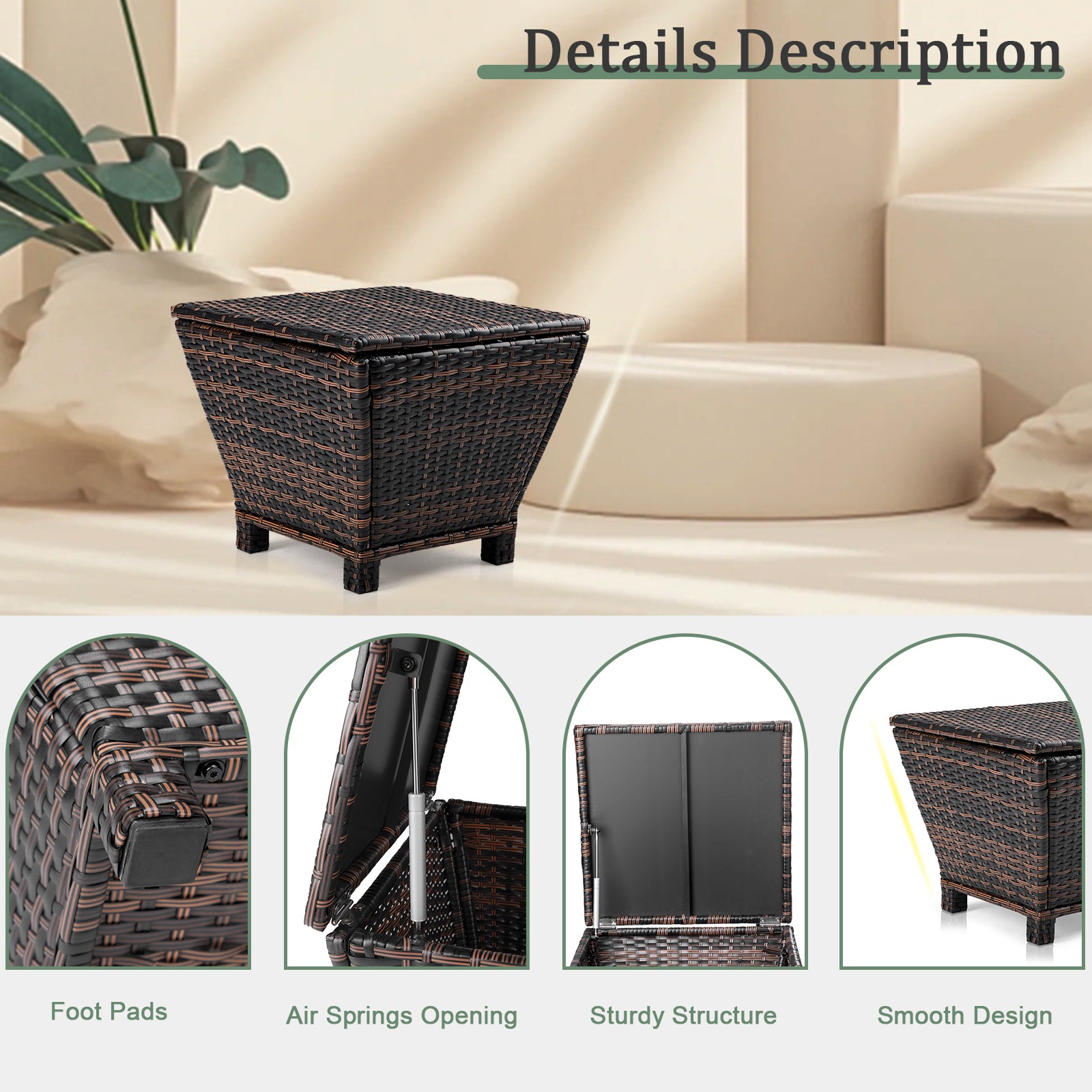 Outdoor PE Wicker Side Table with Storage, Small Patio Storage Bin Container