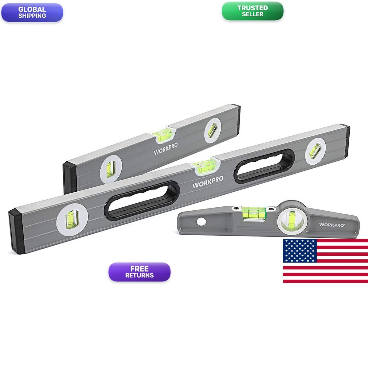 WORKPRO W002900A 3-Piece Level Set 9" Magnetic 16" 24" Non-magnetic Clear