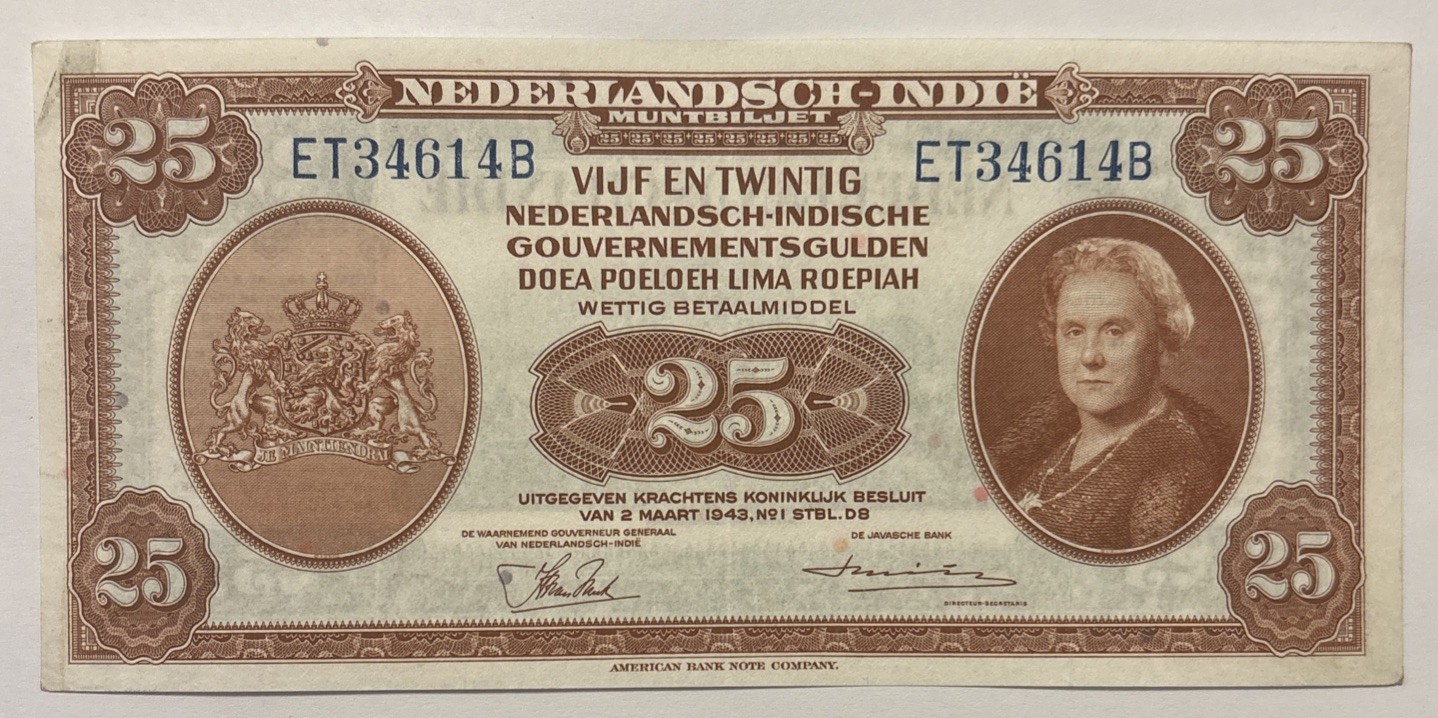 Netherlands Indies 25 gulden 1943 p-115 aUNC
