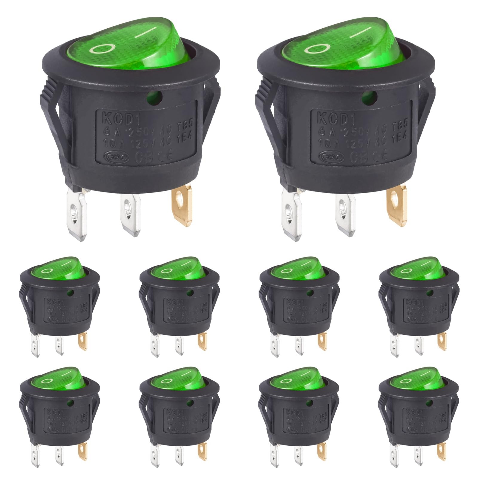 10 PCS Round Rocker Switch Green Light Illuminated On Off 3 Pin 2 Position