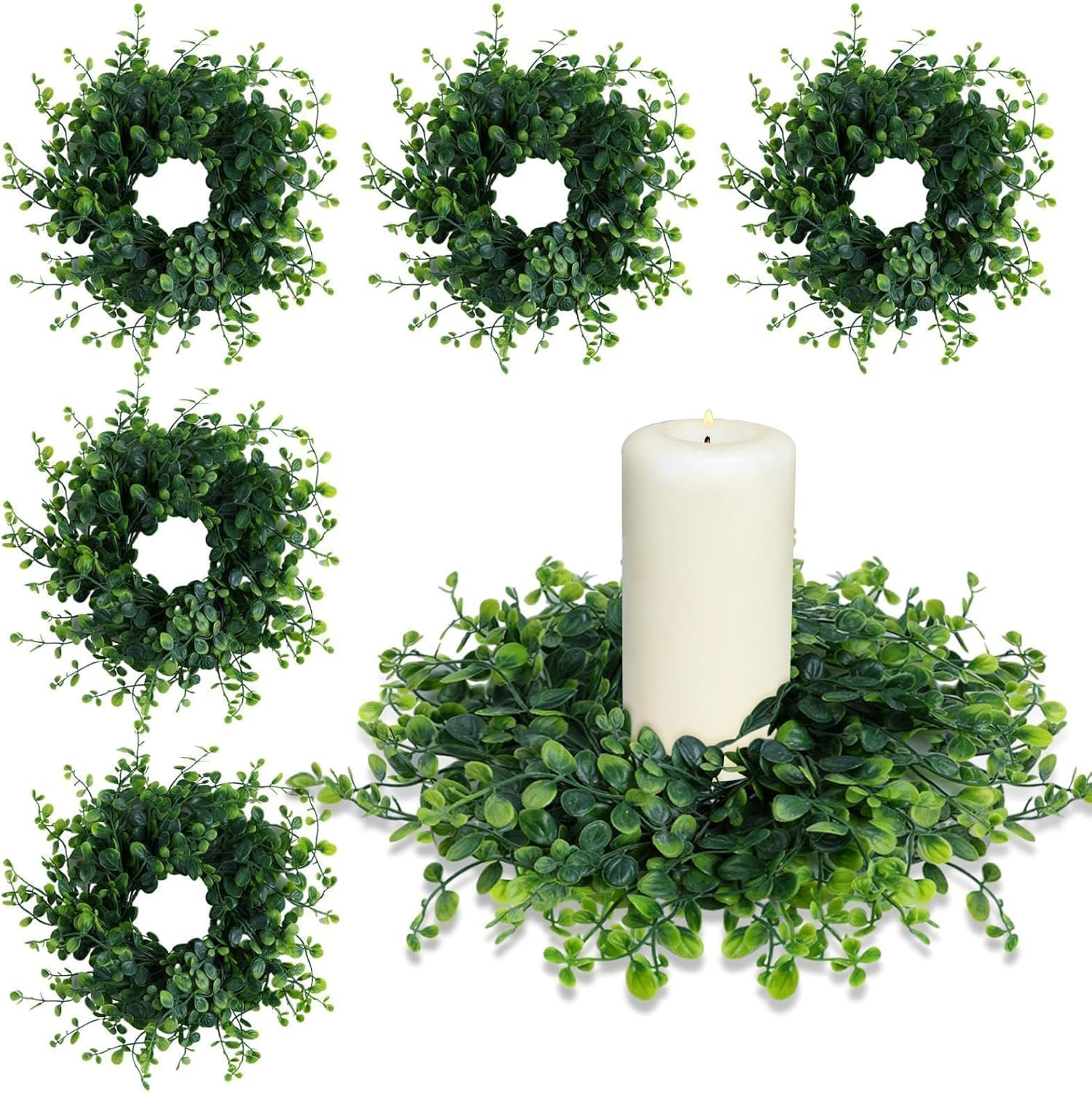 Mini Green Boxwood Candle Rings for Wedding and Home Decor (Set of 6)