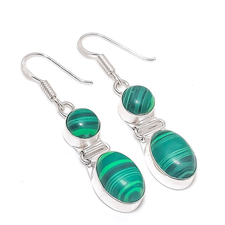 Green Malachite Gemstone Handmade 925 Sterling Silver Jewelry Earring Size 2"
