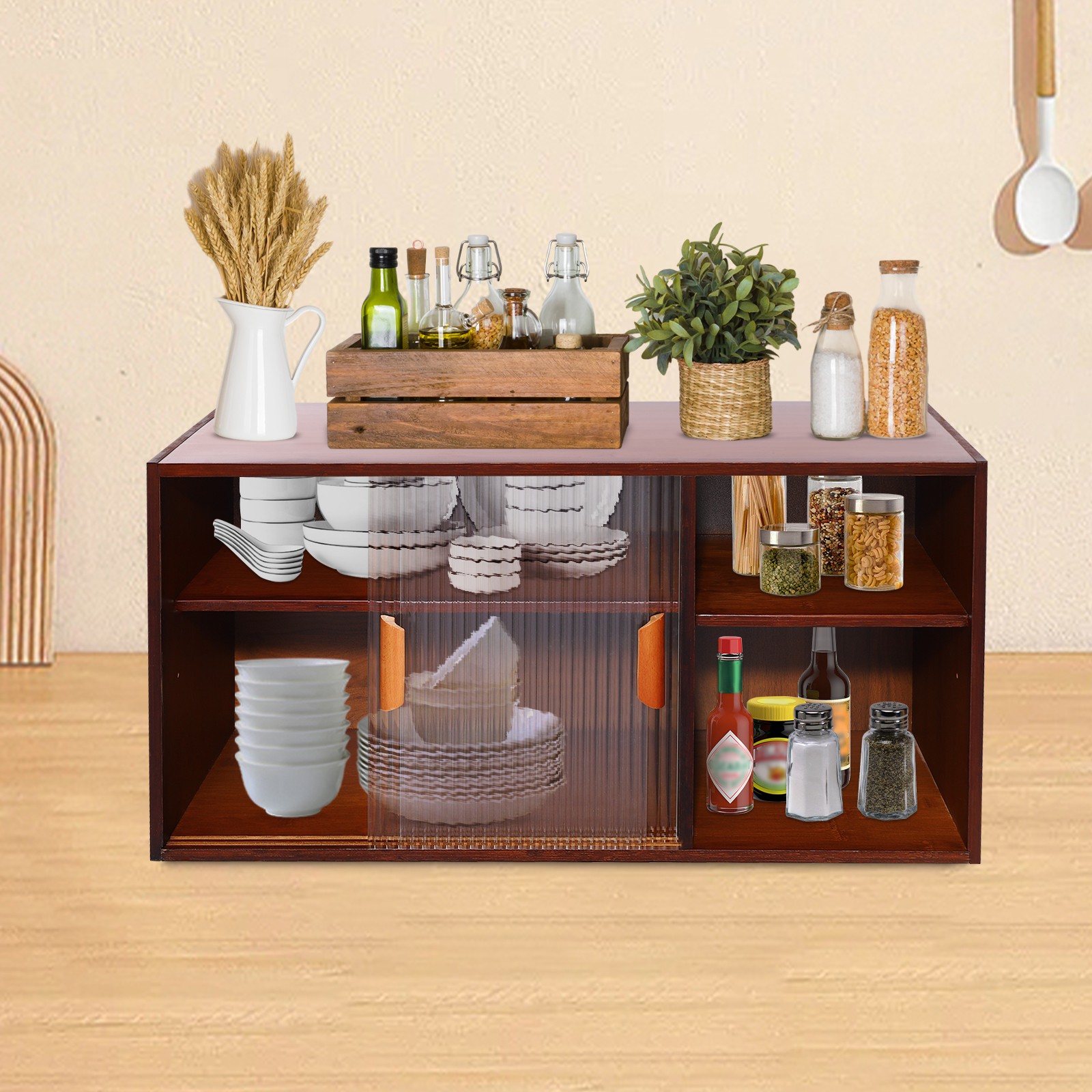 2 Tier Kitchen Pantry Cabinet, Modern Walnut Cupboard, Plate/Cup Storage Cabinet