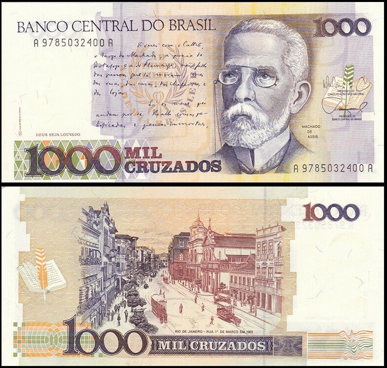 BRAZIL 1000 CRUZADOS 1988 UNC JOAQUIM MARIA MACHADO DE ASSIS AT RIGHT,STREET SC