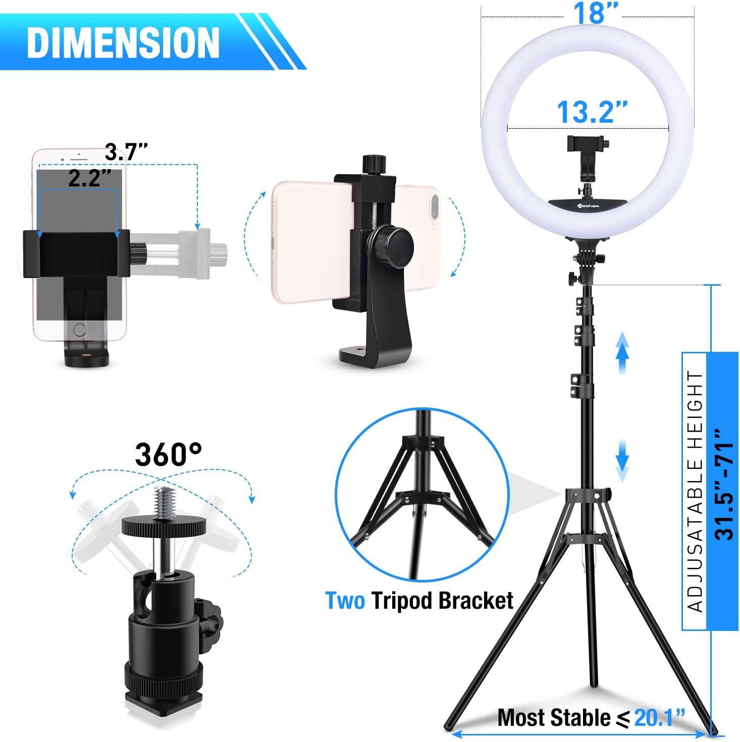 18 Inch Ring Light with Tripod Stand 65W