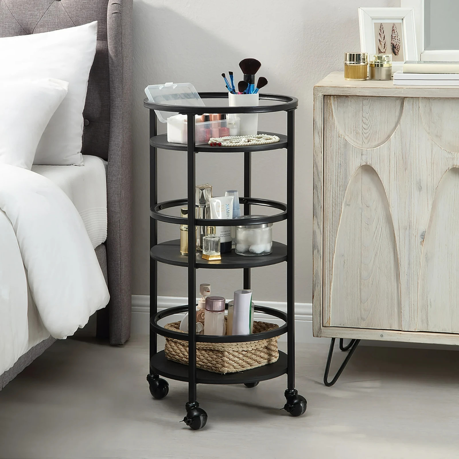 Mainstays 32" 3-Tier Rolling Round Kitchen Storage Bar Cart, Black