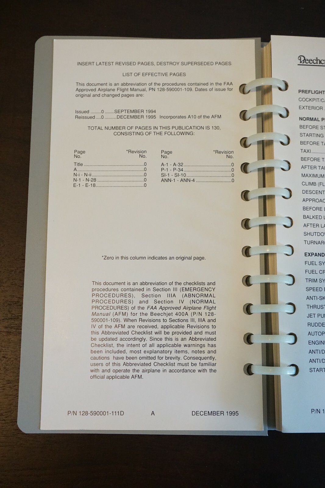 Raytheon Aircraft Company Beechjet Model 400A Pilot Checklist