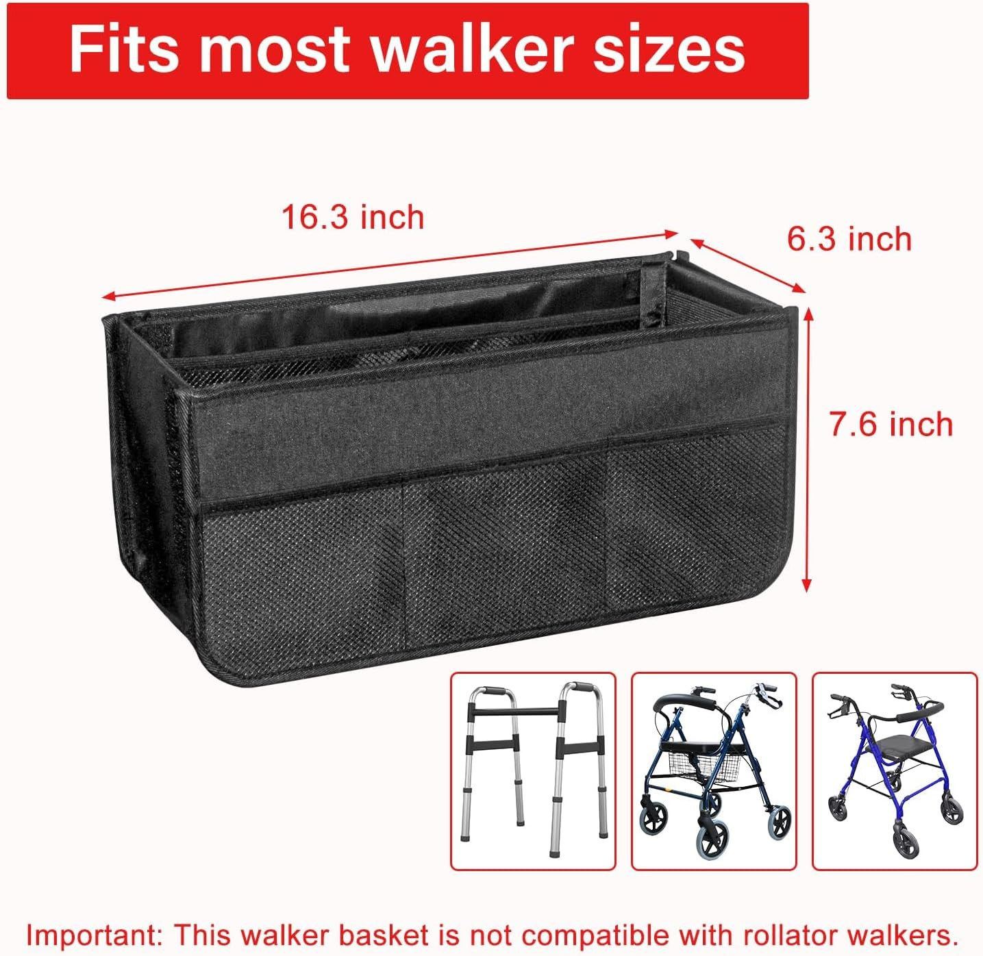 Upgrade Rollator Basket, Walker Basket Bag for Folding Walker Storage, Rollator