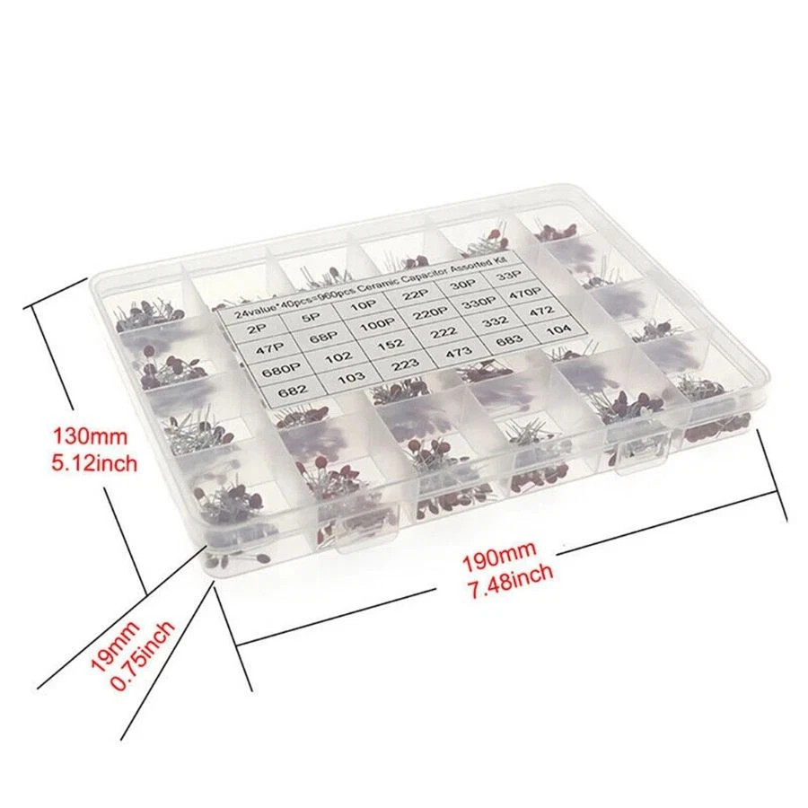 960Pcs/Lot X 2PF-0.1UF 50V 24Value*40Pcs Ceramic Capacitor Assortment Kit US