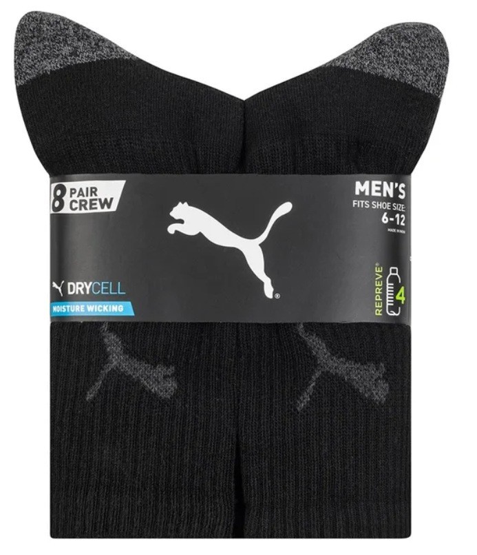 PUMA Men's Crew Sock, 8-pair, Black, Fits Shoe Size 6-12