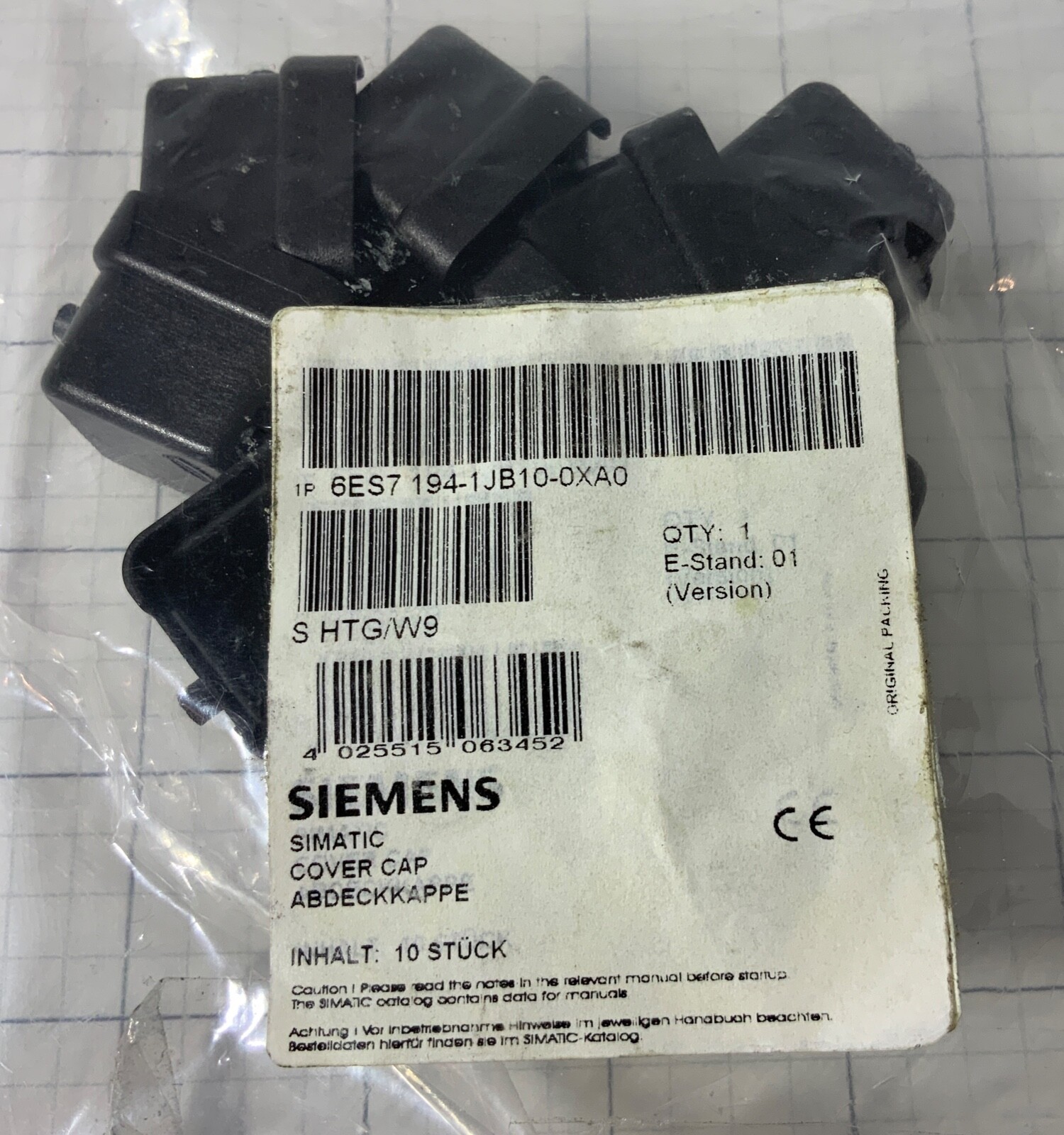Siemens  Simatic Protective Cover Cap  6ES7194-1JB10-0XA0, pack of 10
