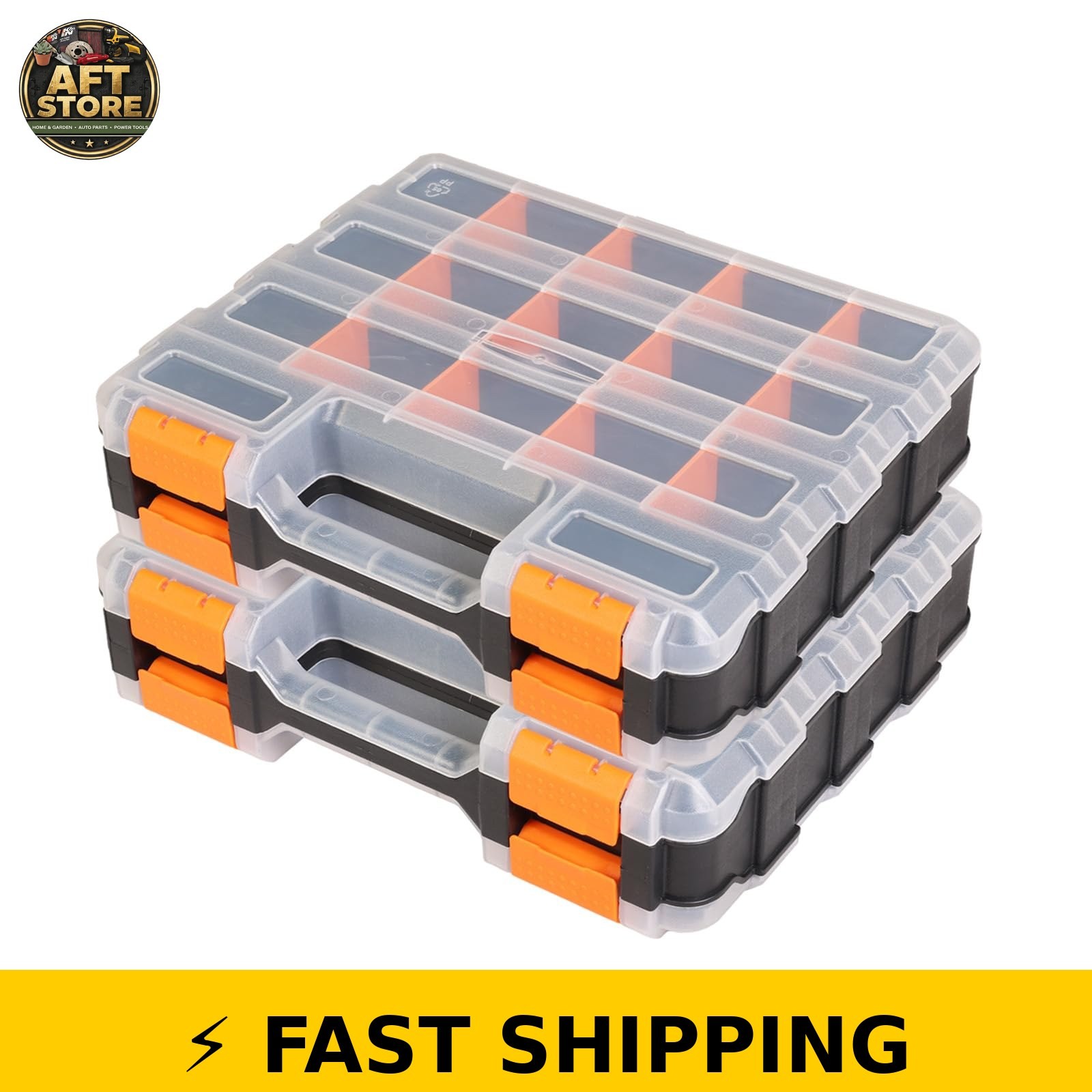 Jack Boss 34-Compartment Tool Box, Double Side Organizer, Orange, 2 Pack