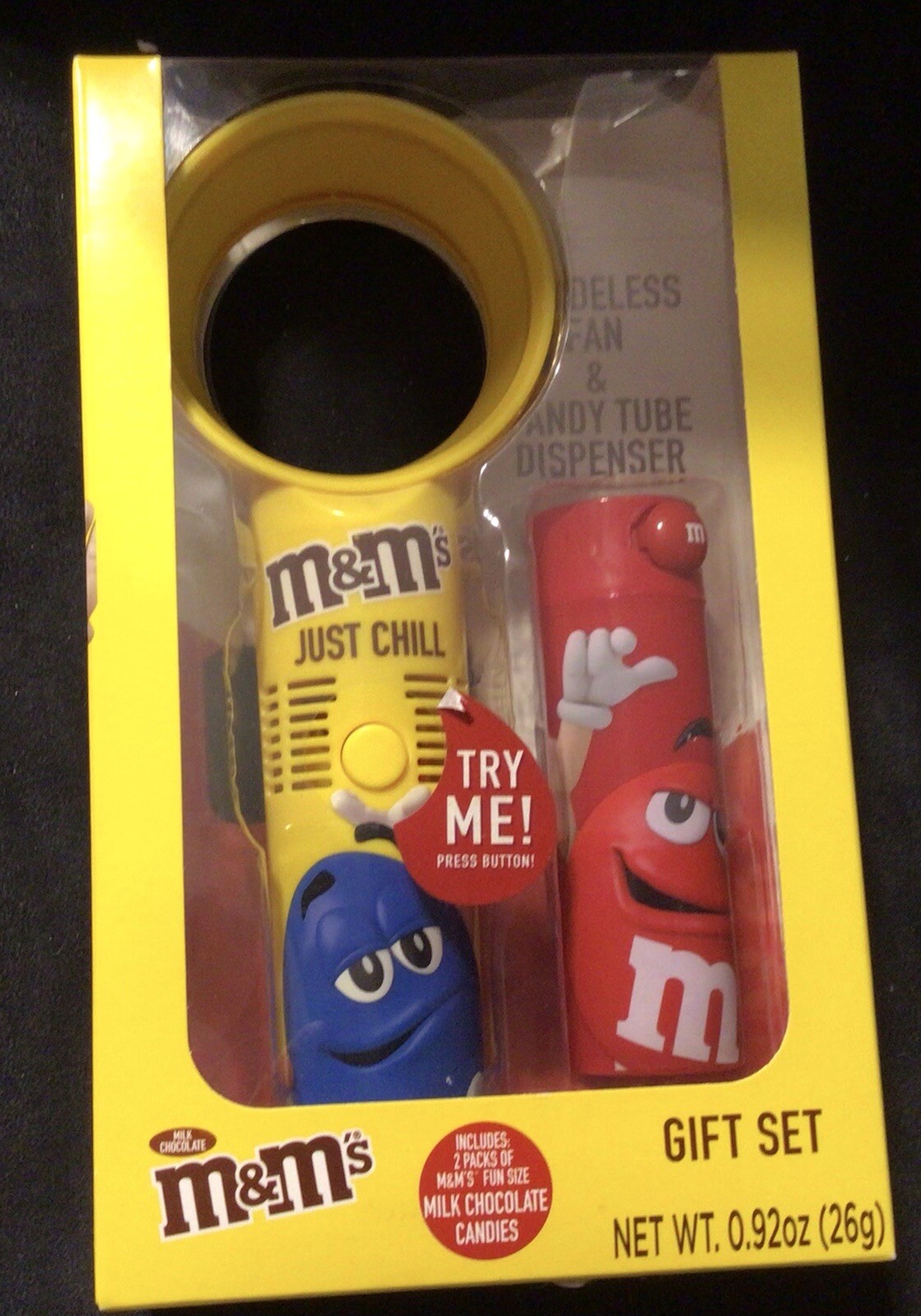 M&M’s Bladeless Fan Gift Set-Red M&M’s Candy Tube Dispenser -Yellow Fan-New