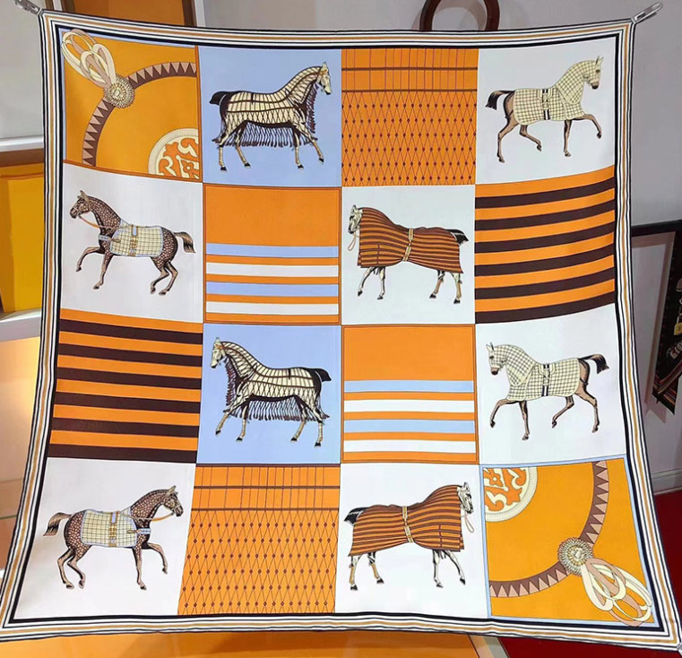 14 Momme Twill Mulberry Silk Bandana 35'' Scarf Squre wrap eight horses Print