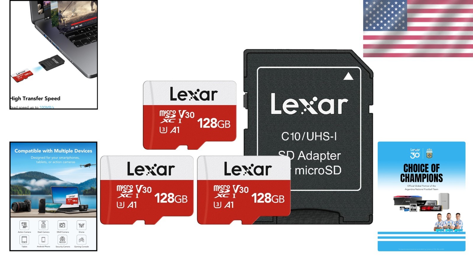 128GB MicroSDXC Flash Memory Card Trio - 100MB/s Speed, Waterproof & Shockproof