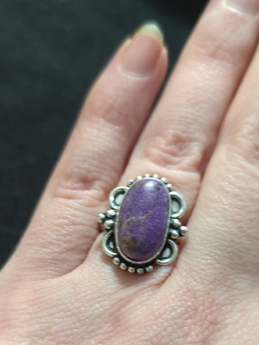 Silver Plated Purple Charoite Gemstone Oval Statement Ring - size 8
