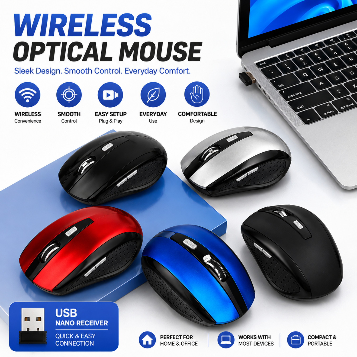 2PCS 7500 2.4GHz Wireless Optical Mouse USB Receiver 1600 DPI for PC Laptop