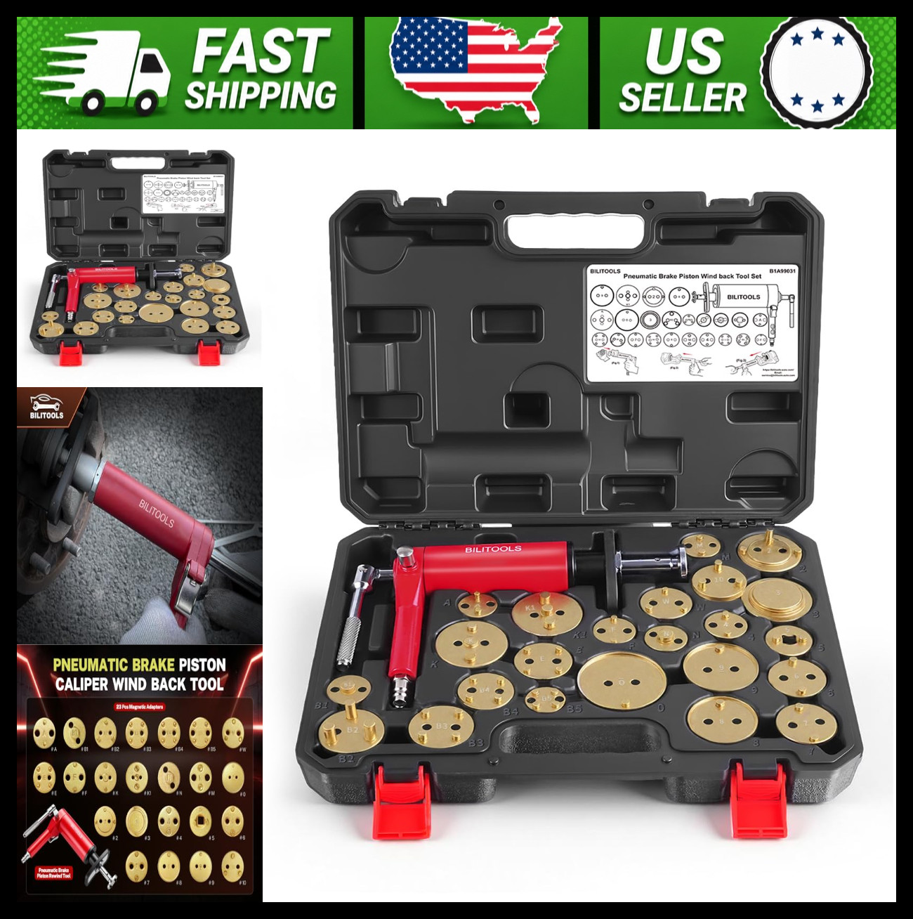 BILITOOLS Pneumatic Brake Caliper Compression Tool 24-Piece Disc Brake Set