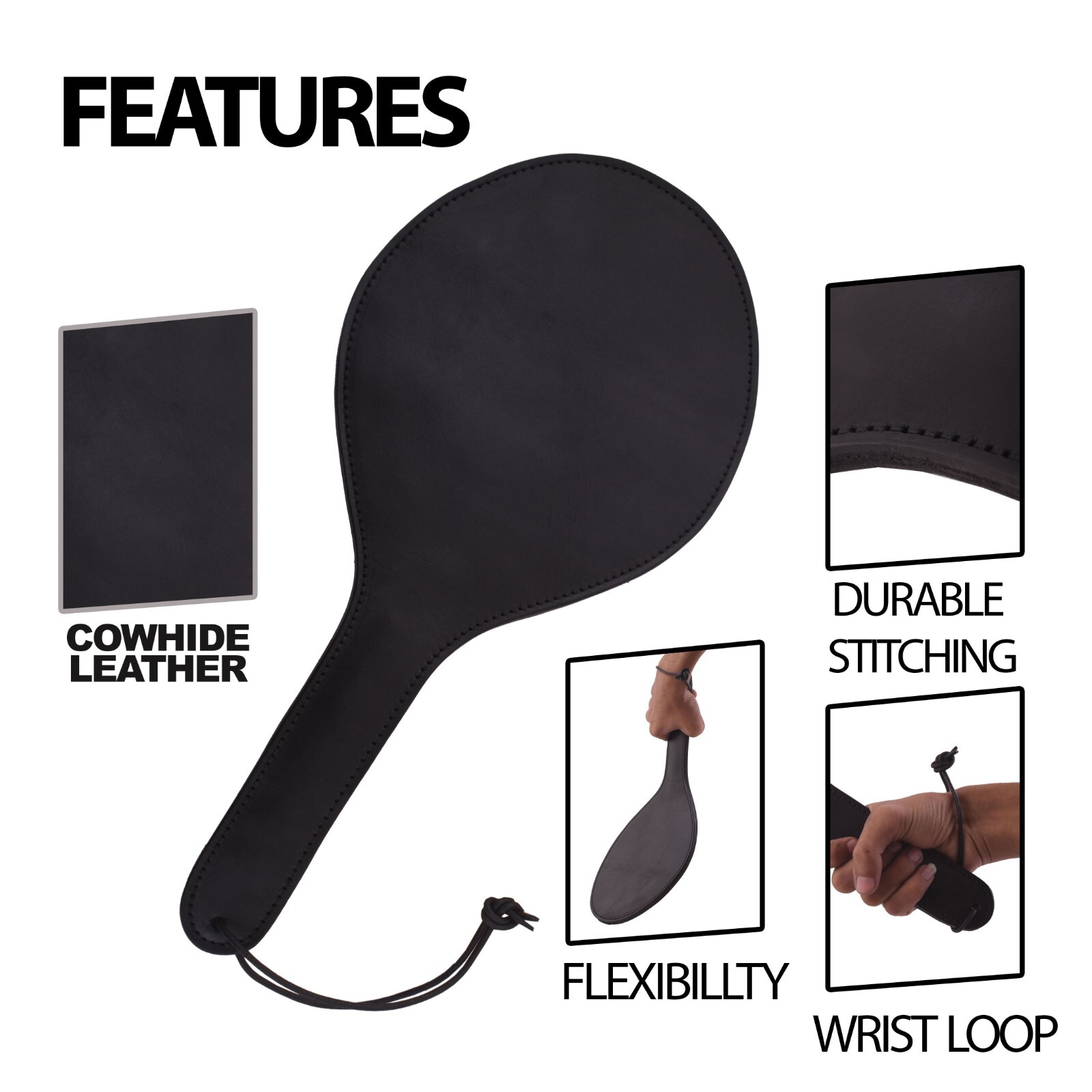 Handmade Black Leather Paddle Genuine Cowhide BDSM Slapper for Fetish Play