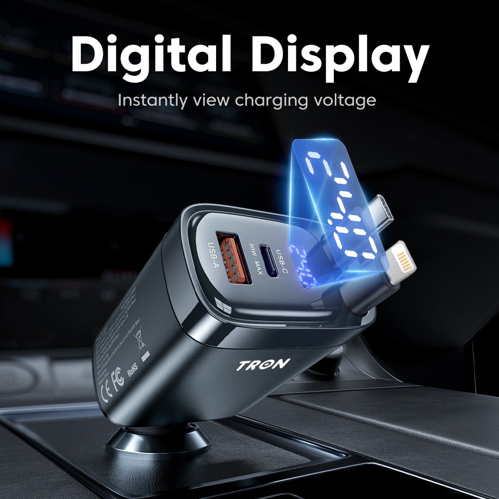 TRON 105W 4-in-1 Retractable Car Charger with LCD Display for iPhone & Android
