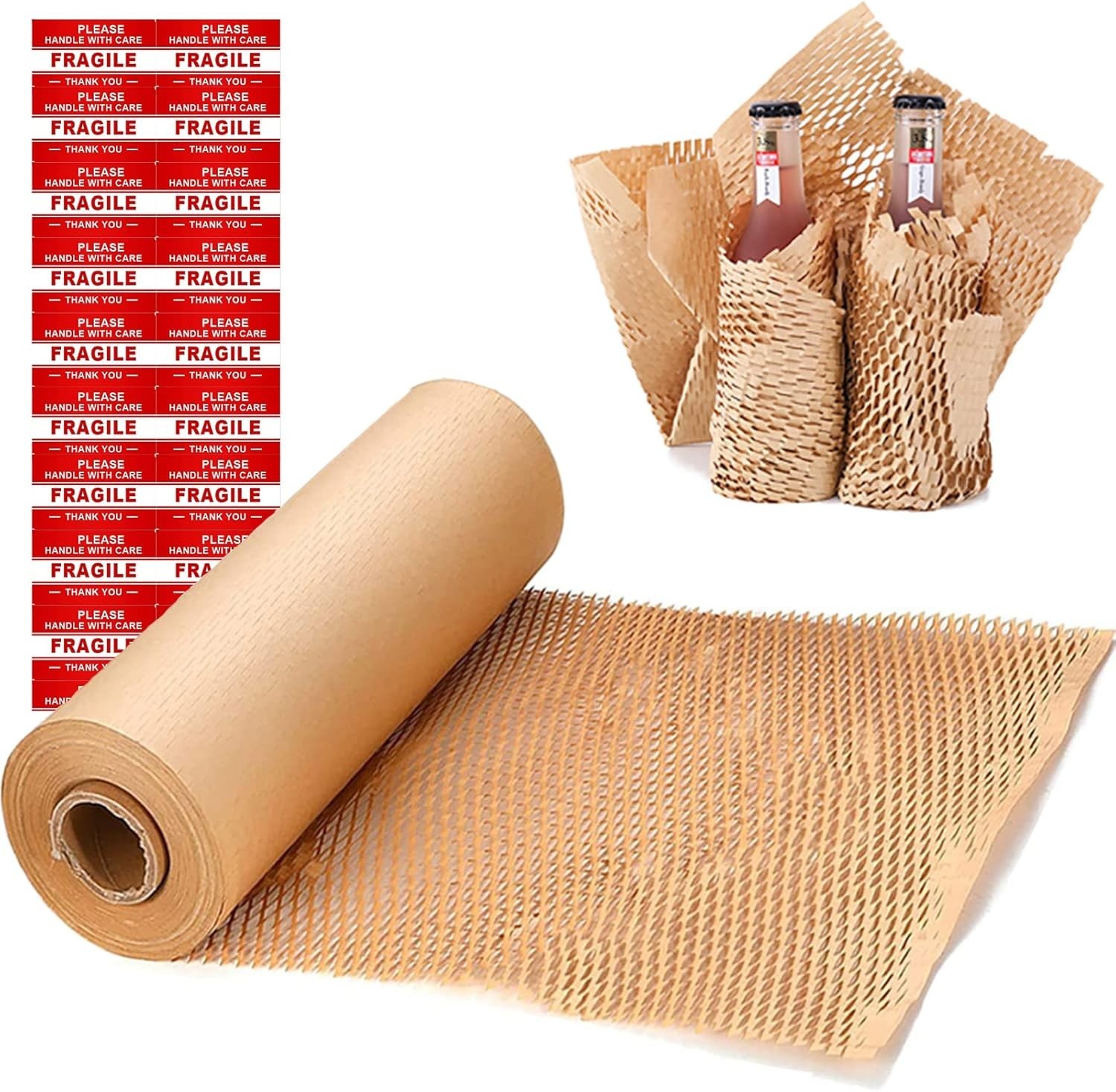 Honeycomb Packing Paper Roll 15"x131' Eco Bubble Wrap Alternative + Stickers