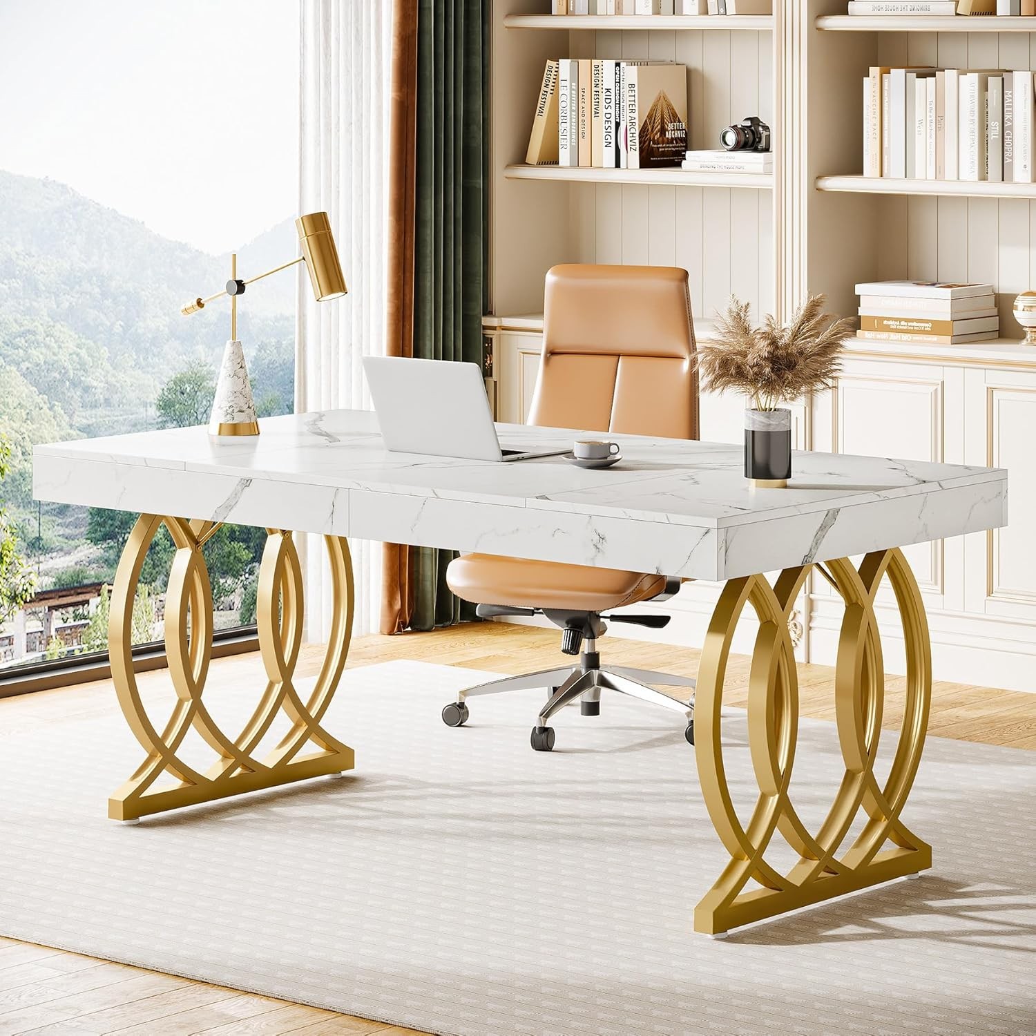 63-Inch Rectangular Executive Desk, Modern Office Computer Desk with Gold Legs