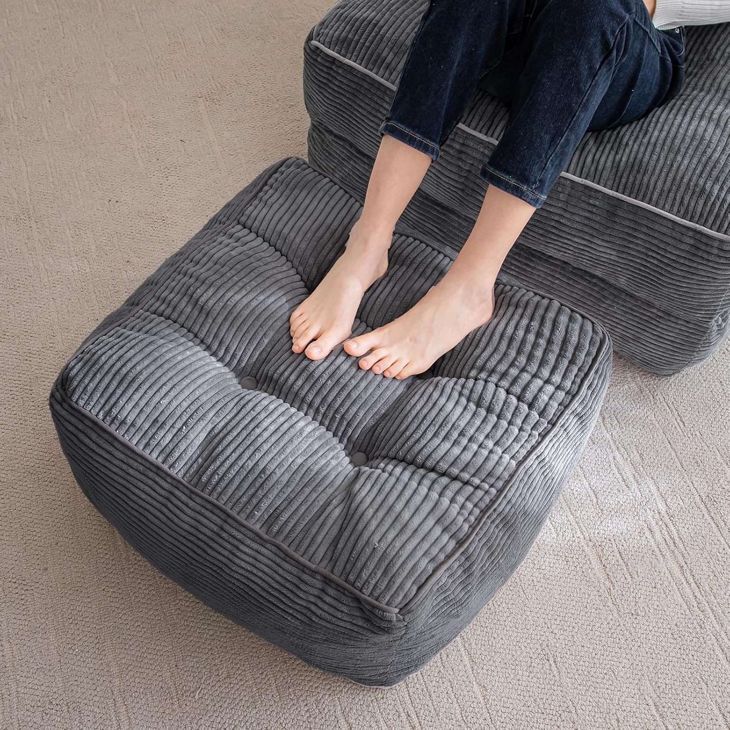 Square Stuffed Pouf Ottoman Corduroy Poufs W/ Foam Chunk Filling Furry & Fluffy