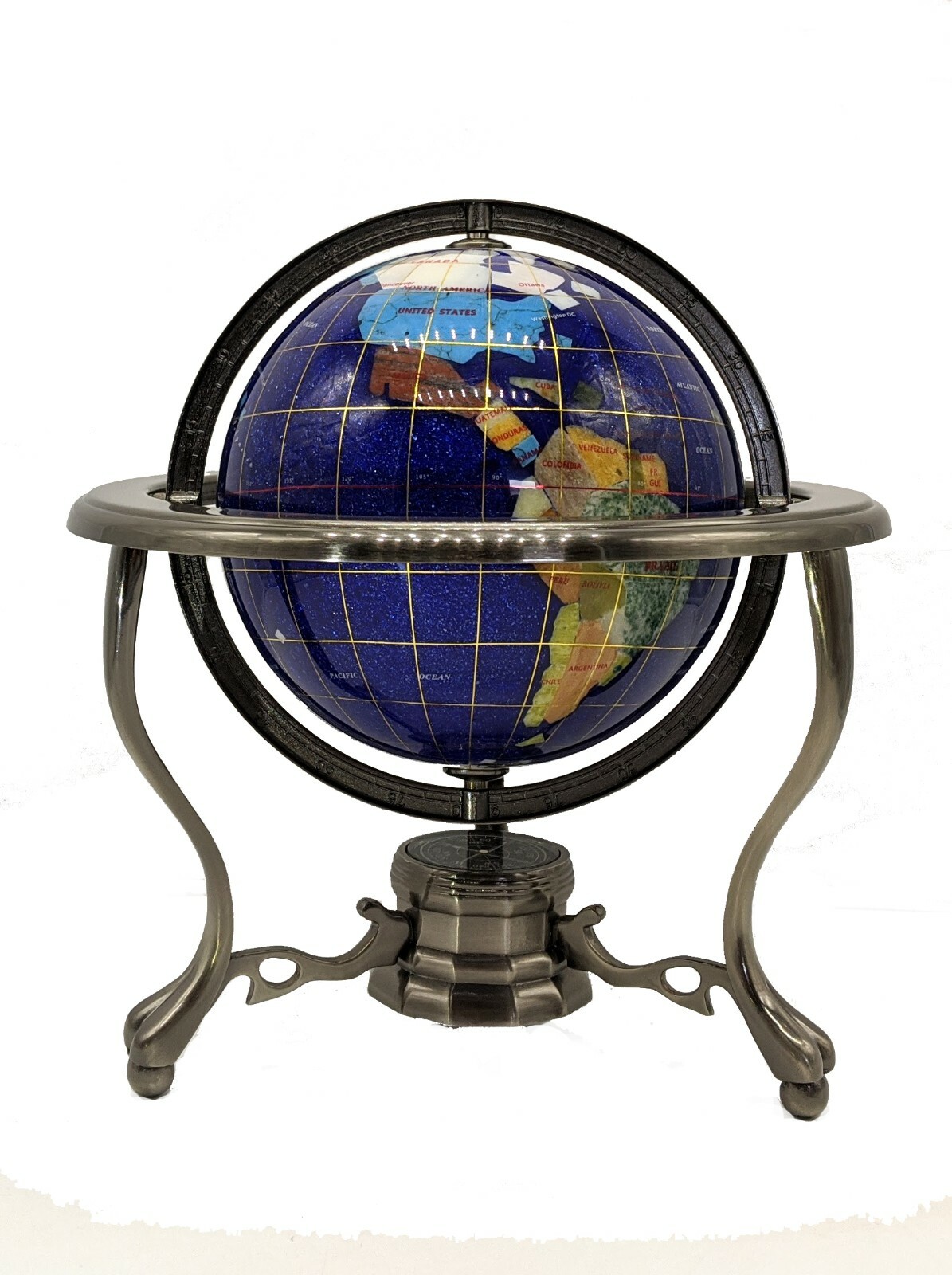 10" Tall Table Blue Crystallite Ocean Gemstone Globe w Tripod Zinc Alloy Stand