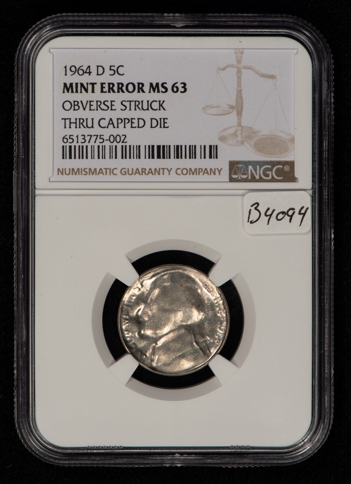 1964-D Jefferson Nickel Mint Error Struck Through Capped Die - NGC MS 63 - B4094