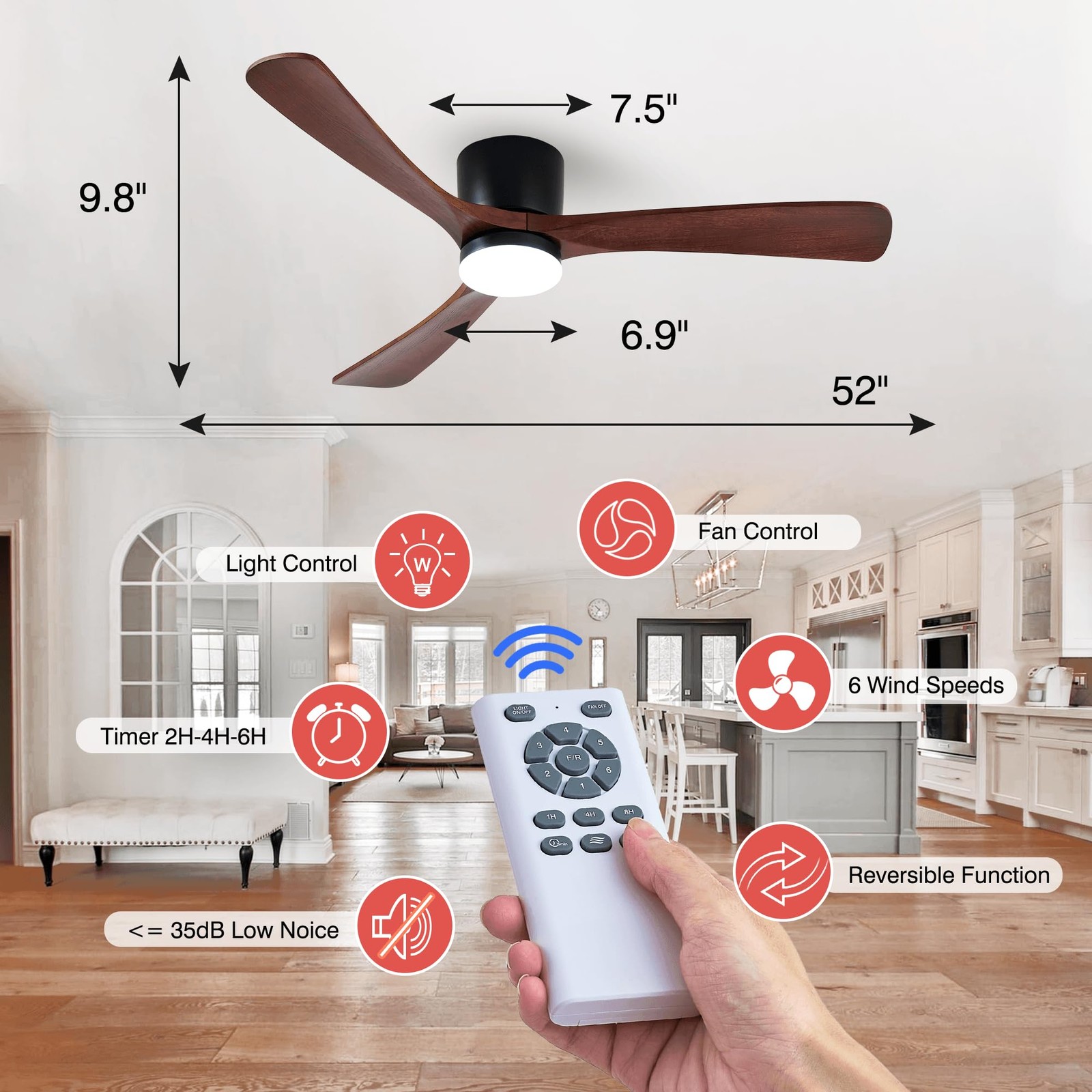 52" Flush Mount Ceiling Fan with Lights Remote Control, 3 Blades Wood Ceiling...