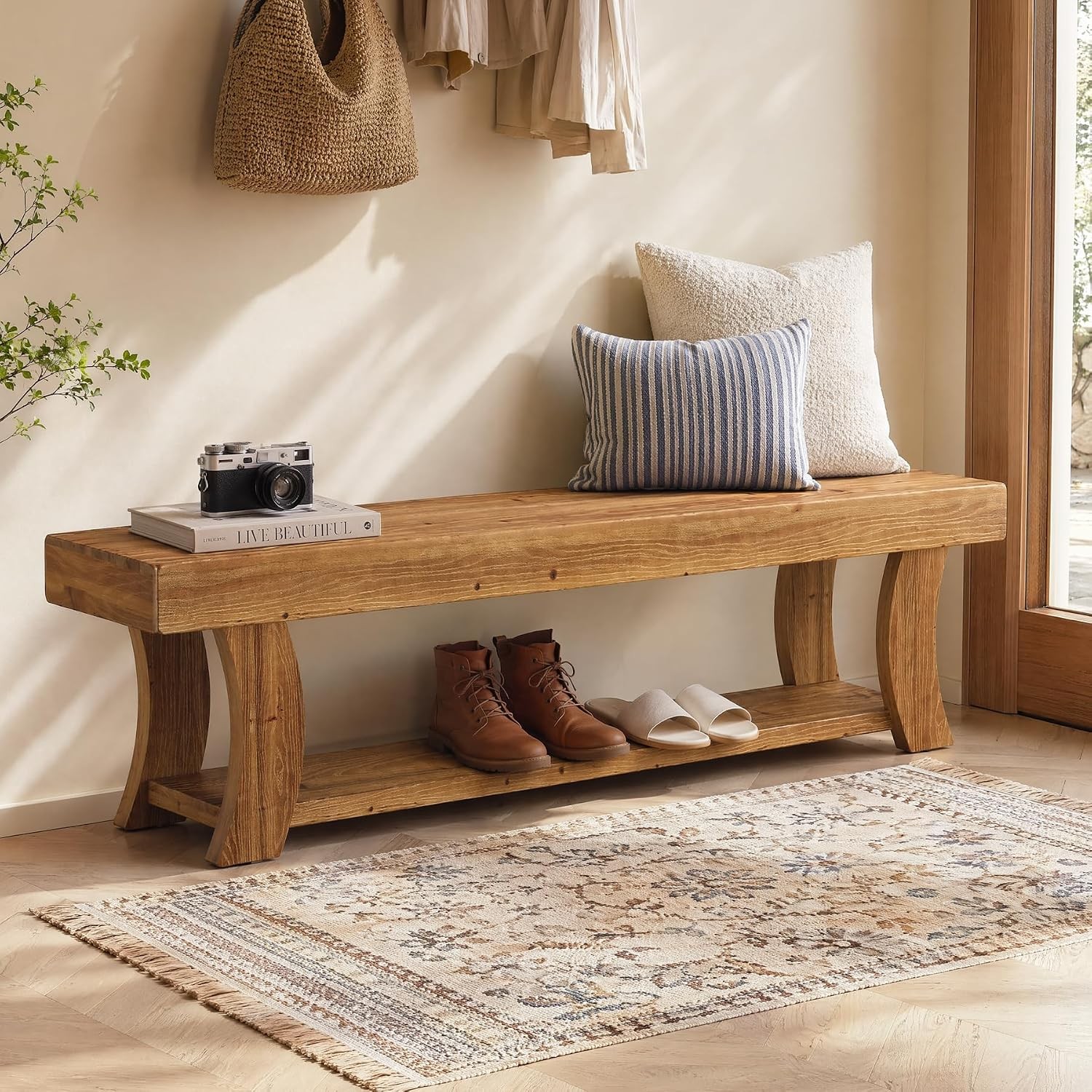 63" Modern Solid Wood Entryway Bench with Narrow Shoe Storage Shelf for Hallway