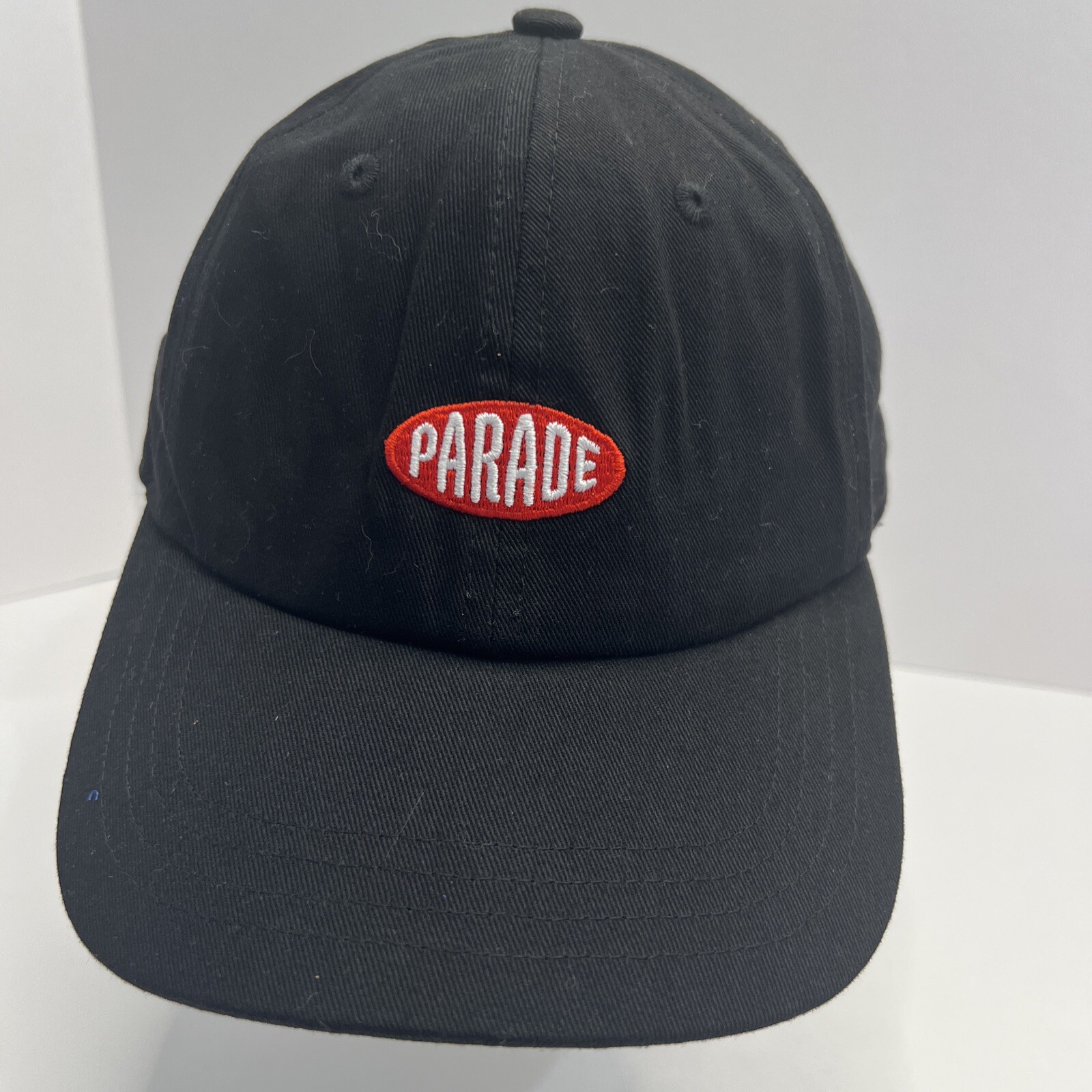 Parade Orange White Patch on Black Hat Cap Cotton Strap Buckle EUC