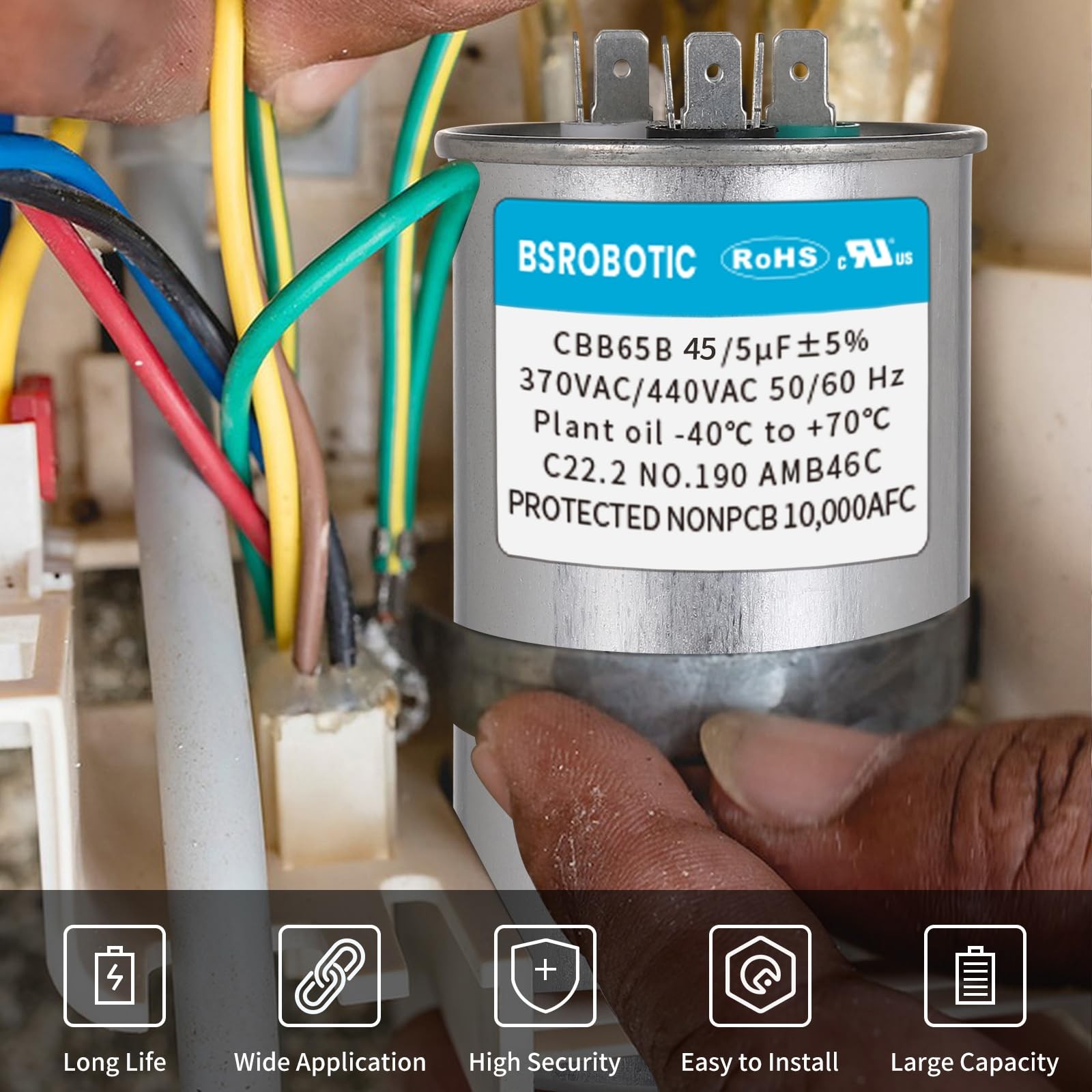 45/5 440v CBB65B AC Capacitor - 45+5 uf ±5% MFD 370/440 Volt Dual Run Round C...
