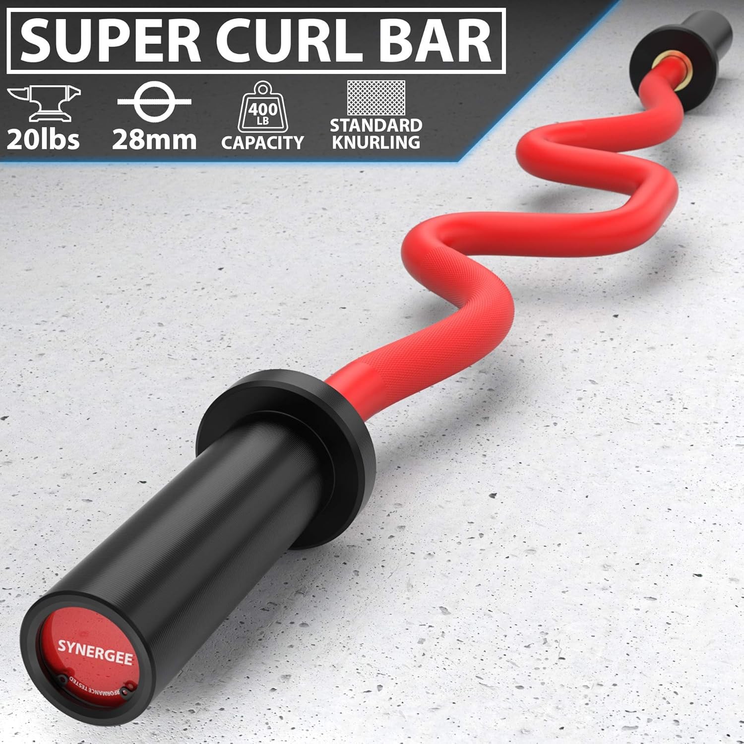 Synergee Commercial Super EZ Curl Olympic Bar Chrome, Black Phosphate and Red