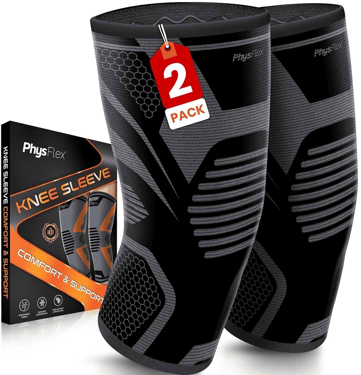 PhysFlex Knee Brace for Pain Relief - Knee Compression Sleeves for Men and Women