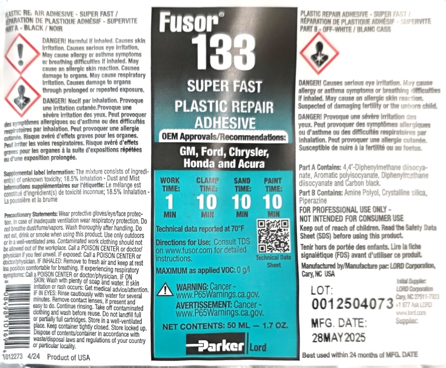 Fusor 133 Plastic Repair Adhesive, Super Fast, 50 ml Cartridge, Black