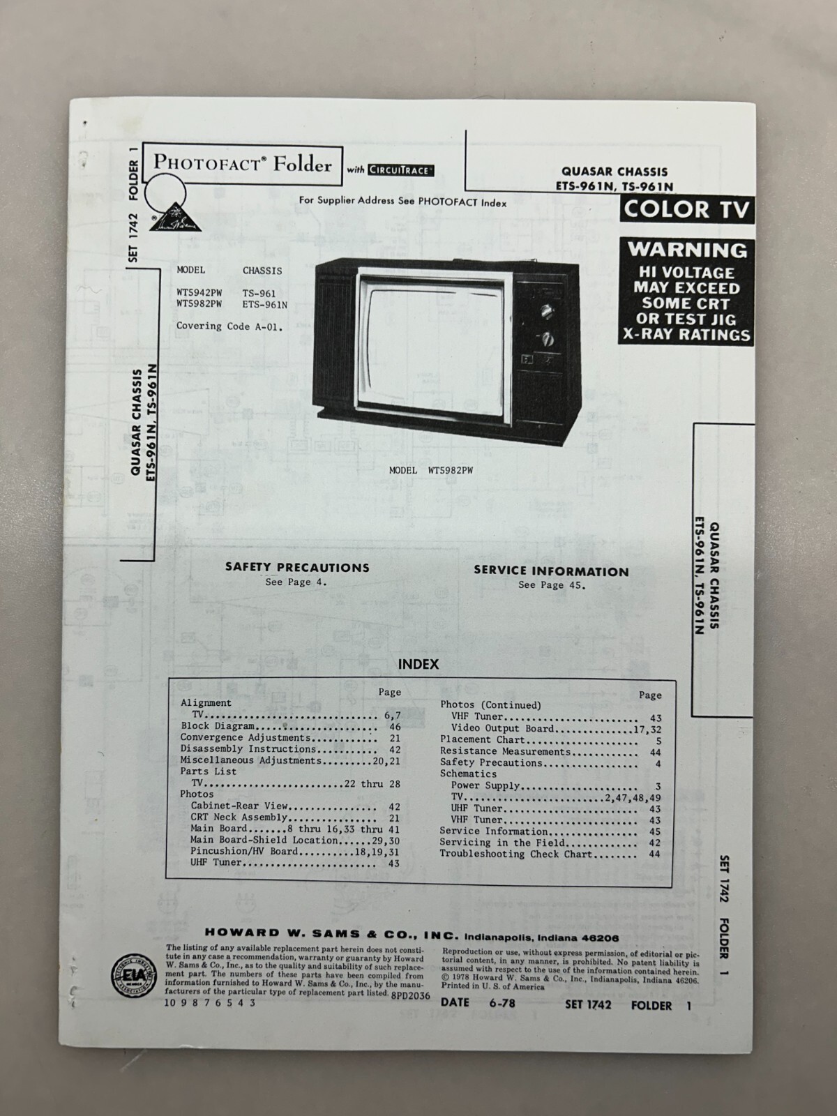 Quasar ETS-961N TS-961N Service Manual Sams Photofact Free Shipping