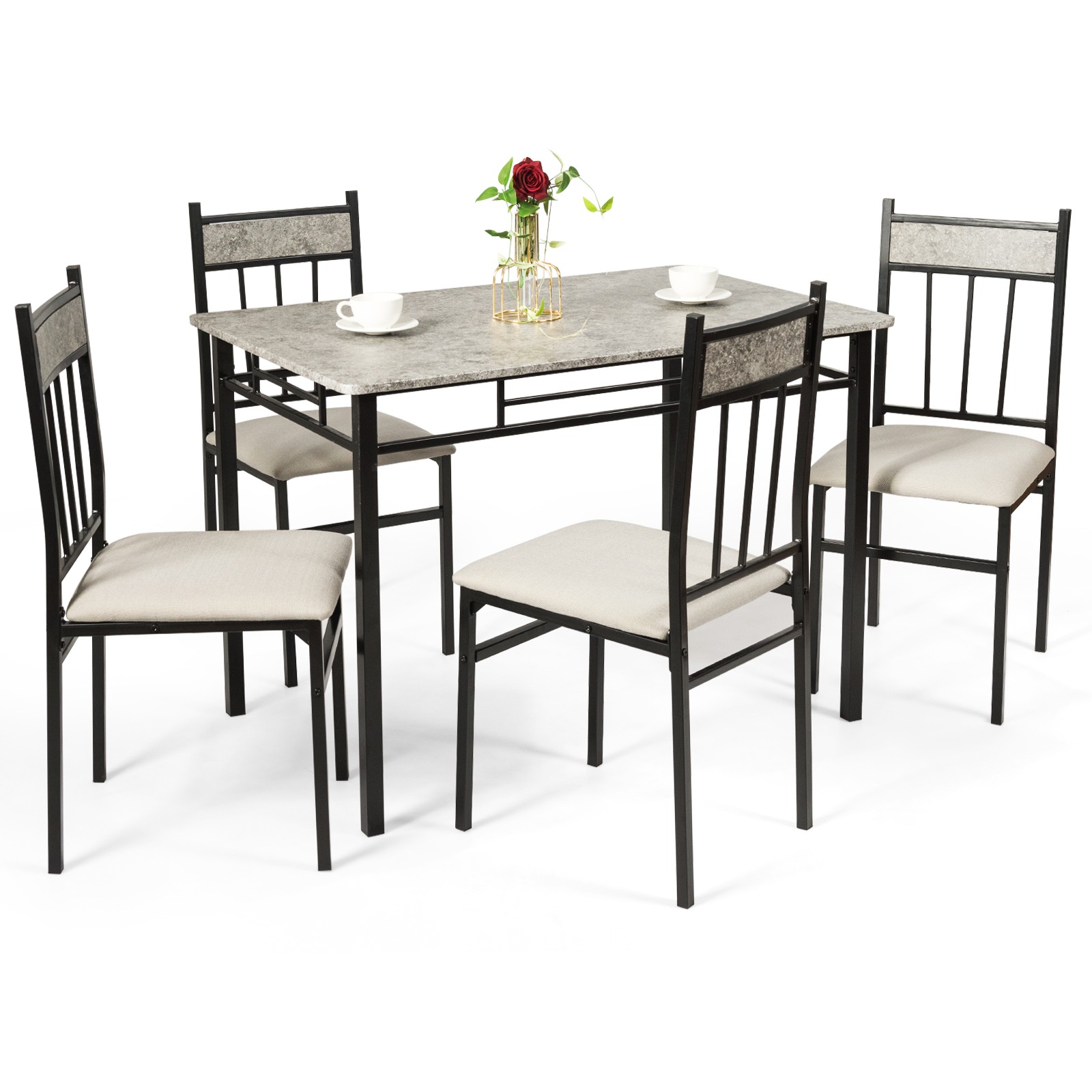 5 Piece Dining Set Faux Marble Top Table and 4 Padded Seat Chairs w/ Metal Legs