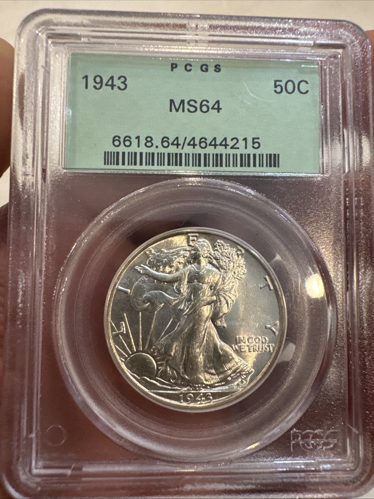 1943 50c Walking Liberty Half Dollar PCGS Ms64 Old Green Holder, Beautiful Coin