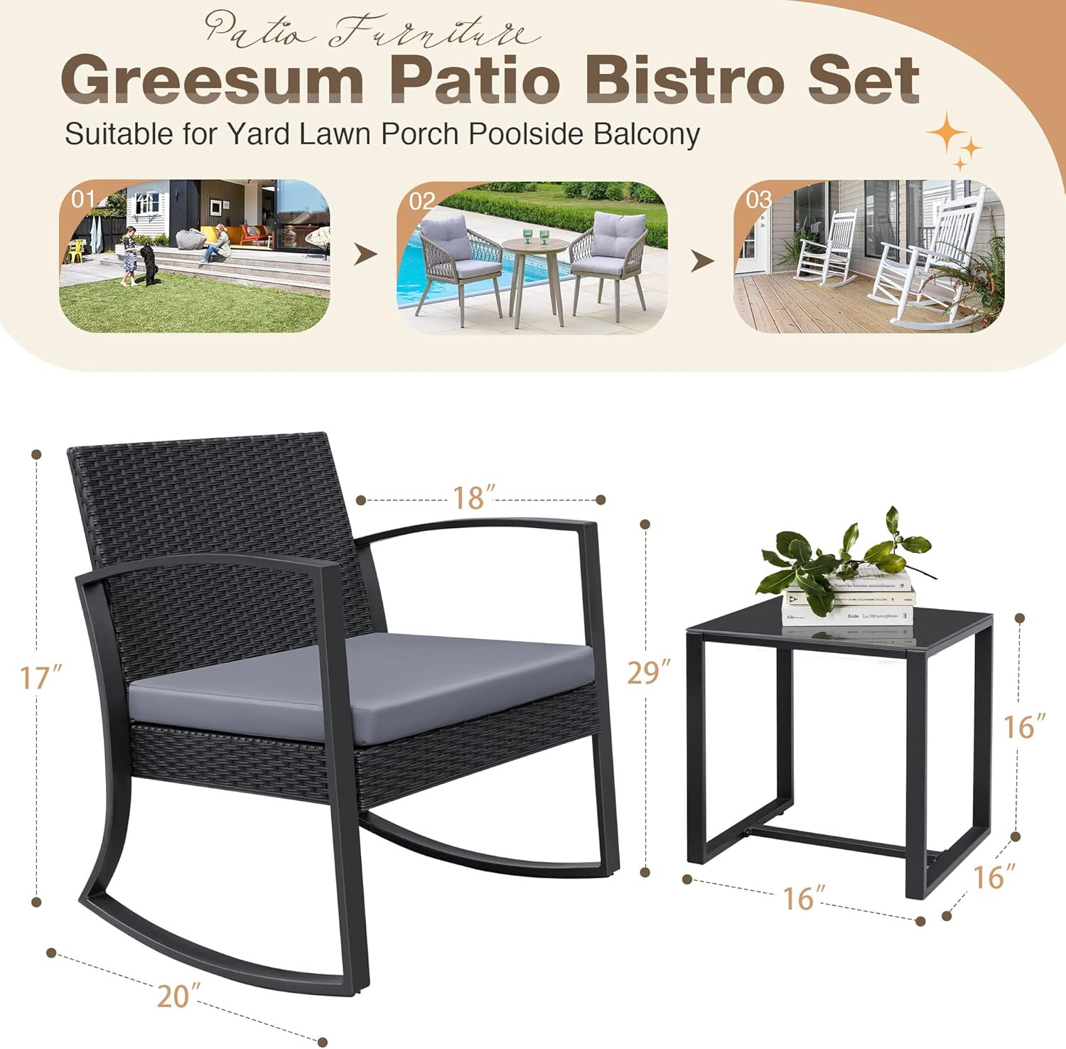 3 Pieces Outdoor Furniture Set Patio Bistro Rocking Chairs with Glass Coffee Tab