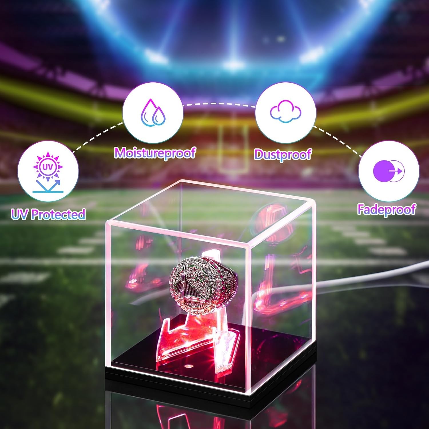 Acrylic Championship Ring Display Case with LED Light 7 Color Clear