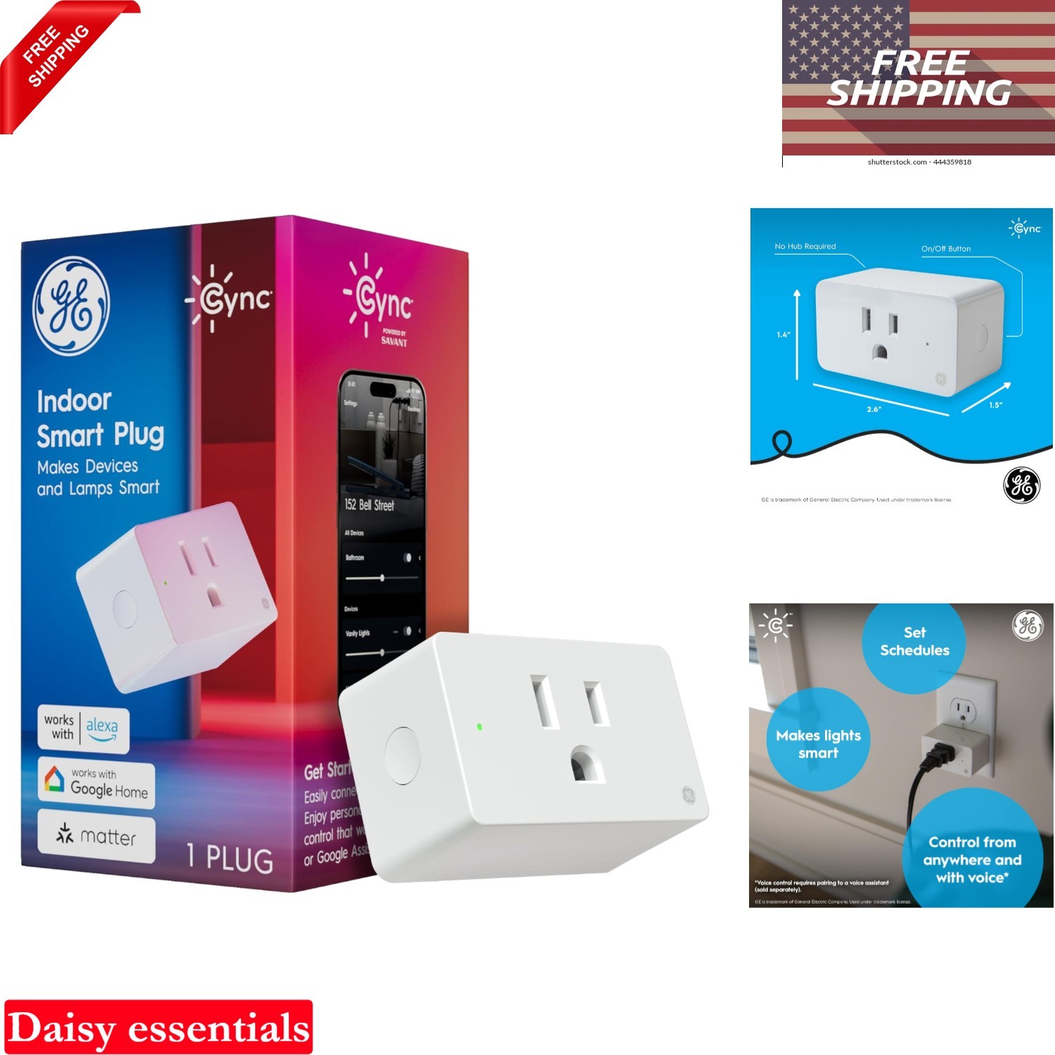GE Smart Indoor WiFi Plug, Matter Compatible, Alexa Google Control, 15A