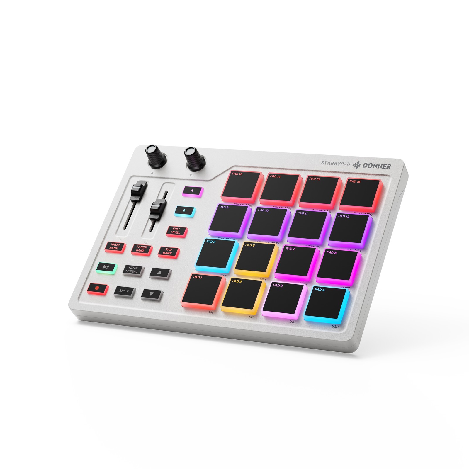 Donner STARRYPAD White MIDI Pad Controller 16 Beat Pads 2 Faders 2 Knobs USB