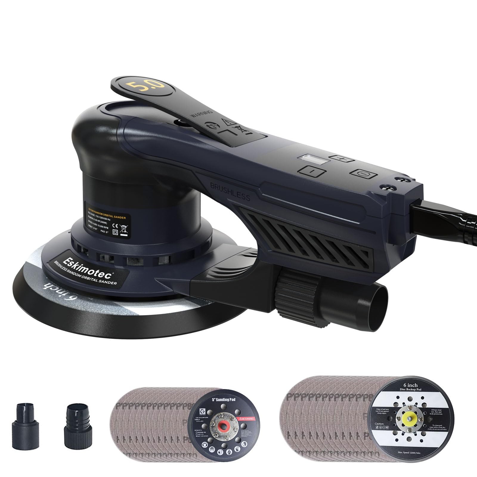 Electric 5mm Random Orbital Sander with 5 & 6-Inch Pads, 360W Brushless Orbit...