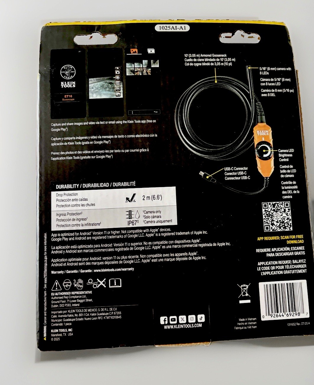 Klein Tools ET16 Borescope Inspection Camera for Android 5/16 Wide 10 Ft Cable ￼