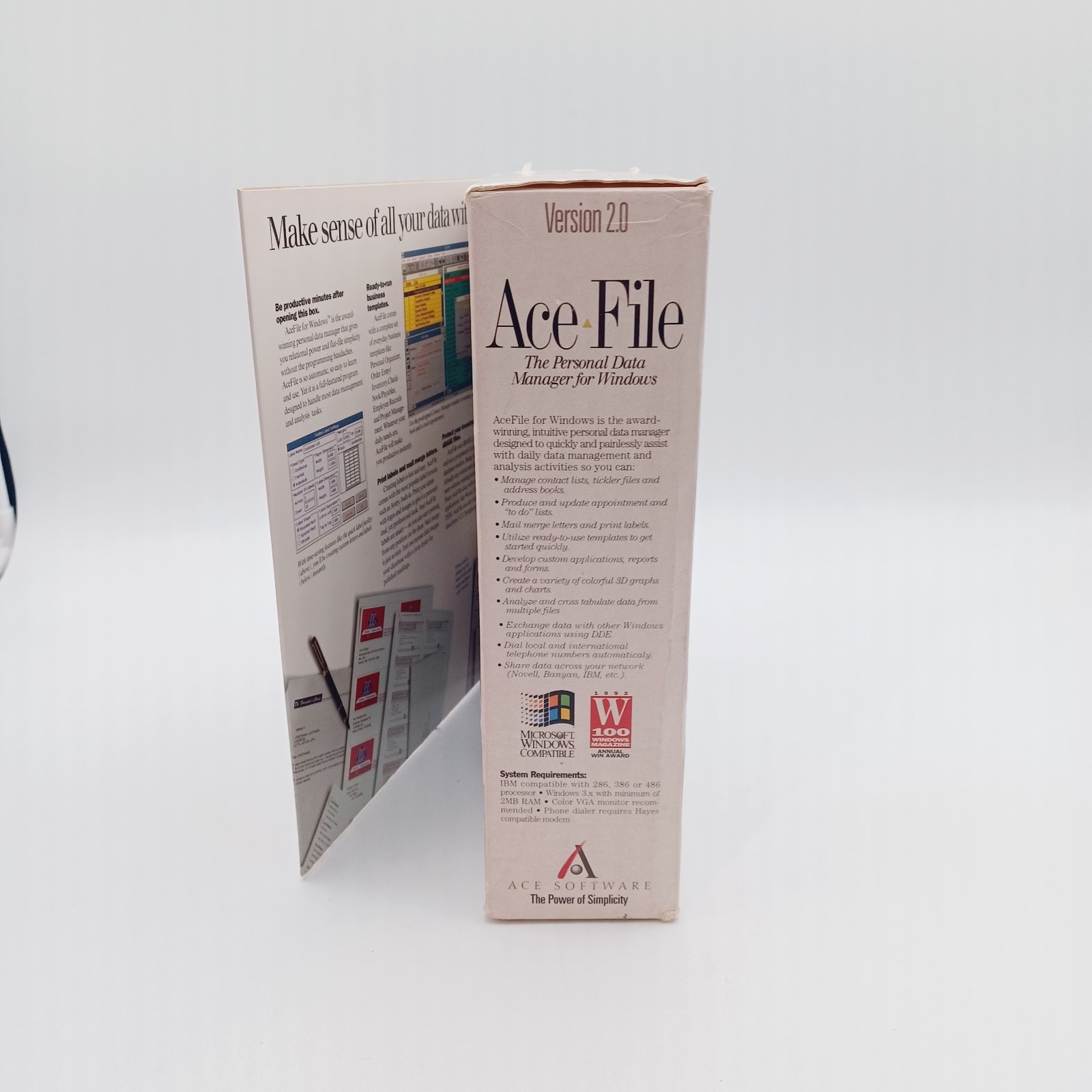Vtg Ace File Computer Software 1992 Windows 2.0 Sealed Floppy Disc