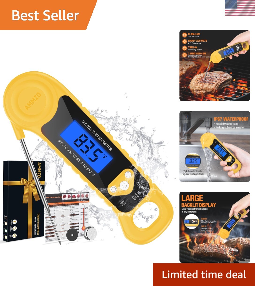 Instant Read Digital Meat Thermometer - Waterproof with Backlight for Precise...